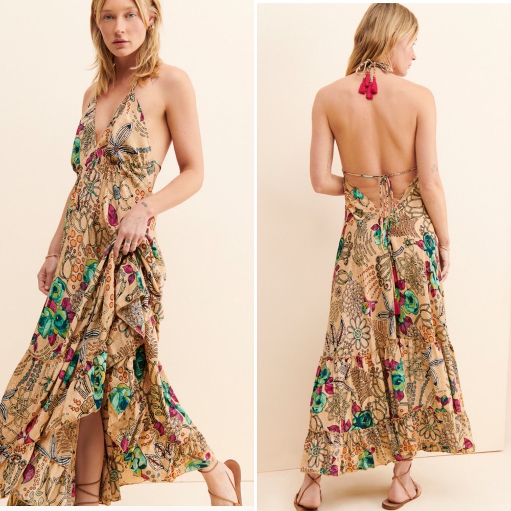 Raga Sapana Maxi Dress Women Floral Tropical Tiered Halter‎ V-Neck Open Back L